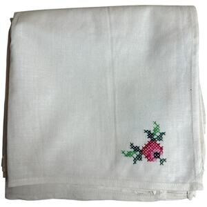 Vntg Lot Of 12 Ivory Linen Cotton Napkins Hand Embroidery Floral 15.25" x 15.25"